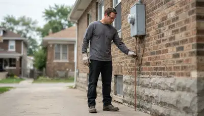 Chicago, IL electrician tracing grounding electrode conductor from meter to ground rod during lightning assessment