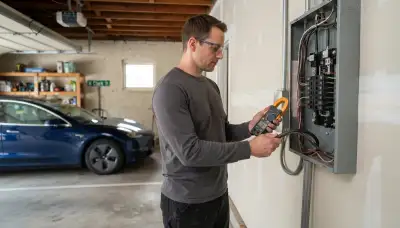 Chicago, IL electrician measures home electrical capacity at load center for electric car charger installation