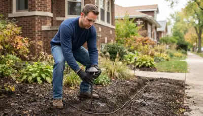 Technician installs low-voltage landscape lighting fixtures and buried cable in a Chicago, IL yard