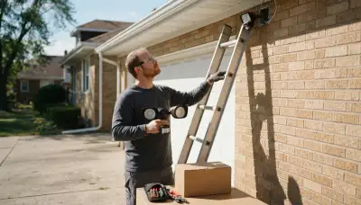 Chicago, IL electrician holds a weatherproof motion-sensing security light beside a ladder for garage installation