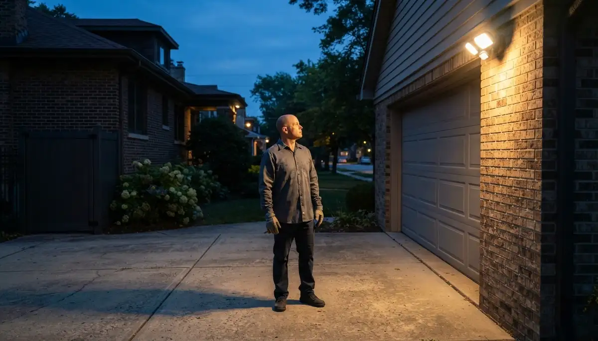 Chicago, IL electrician verifies motion-activated security light coverage across a residential driveway at dusk