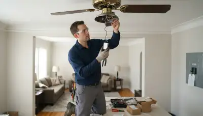 Chicago, IL electrician replacing a ceiling fan capacitor and reconnecting motor wiring with breaker lockout