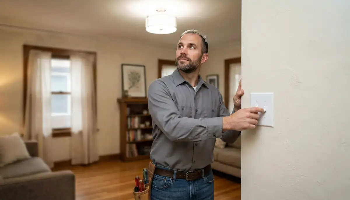 Chicago electrician tests a newly installed light switch after repair to verify reliable lighting operation