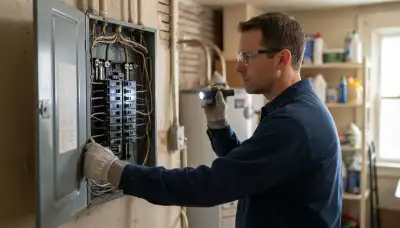 Electrician inspecting a home's electrical panel and breakers during a Chicago, IL safety inspection