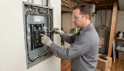 Licensed Chicago, IL electrician seating a new circuit breaker in a de-energized electrical panel