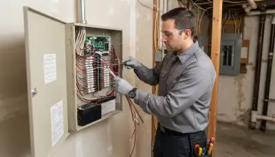 Electrician terminating labeled zone wiring at a fire alarm control panel in Chicago, IL
