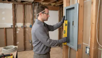 Licensed Chicago electrician leveling an electrical panel enclosure during residential rough-in installation