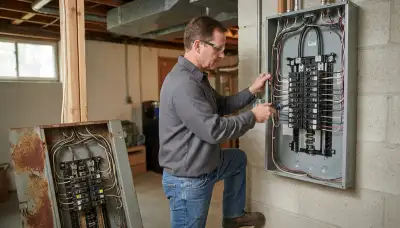 Electrician upgrading an electrical panel in an older Beecher, IL home
