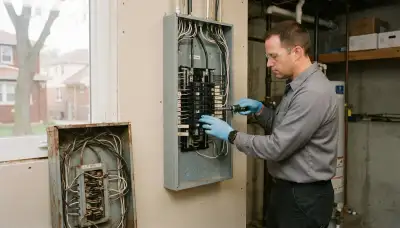Electrician upgrading an electrical panel in an older Elmwood Park, IL home