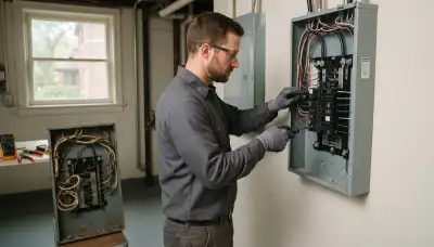 Electrician upgrading an electrical panel in an older Evanston, IL home