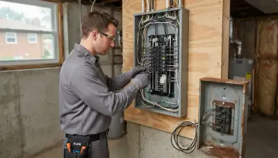 Electrician upgrading an older home's electrical panel to 200-amp service in Norridge, IL
