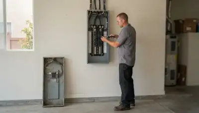 Electrician upgrading an electrical panel in an older Riverside, IL home