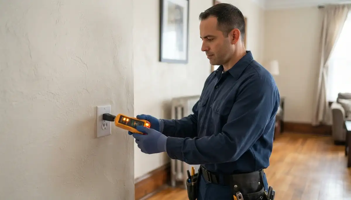 Chicago electrician verifies polarity and grounding on a repaired outlet with a circuit tester
