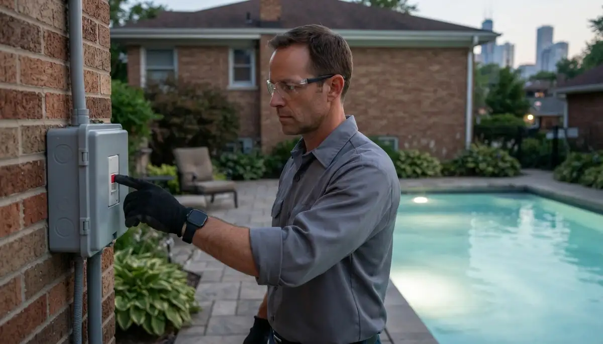 Chicago, IL electrician tests GFCI at pool light panel while verifying safe, even pool illumination