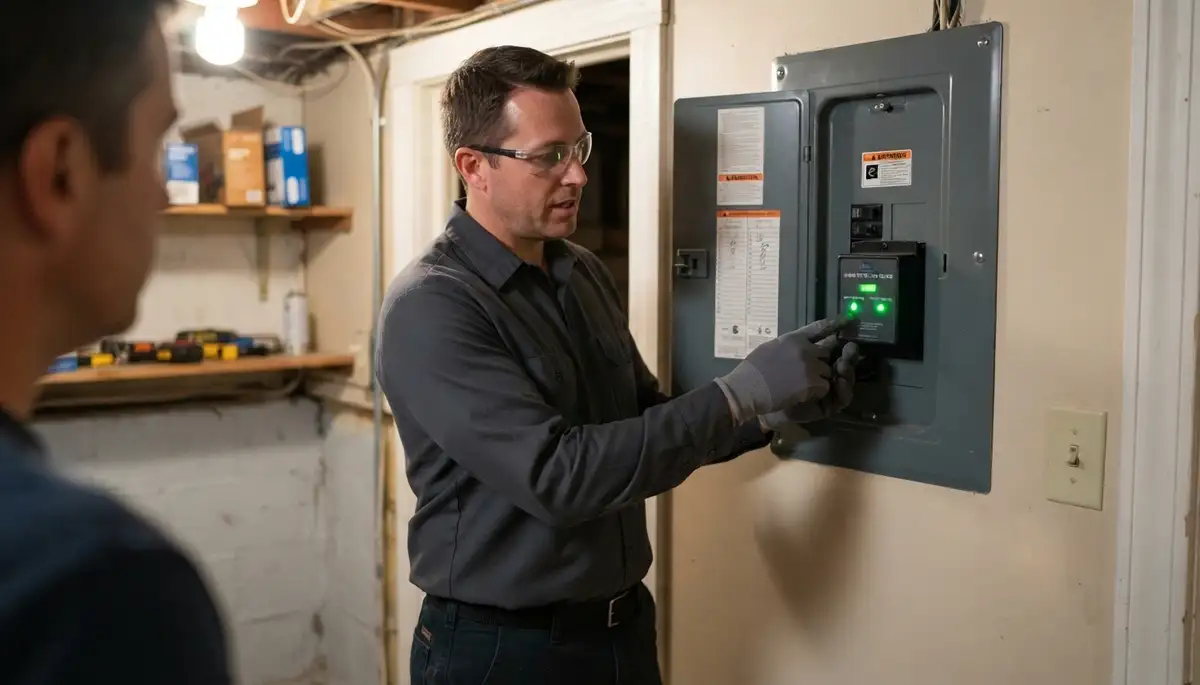 Chicago electrician technician pointing to a whole-home surge protector status indicator