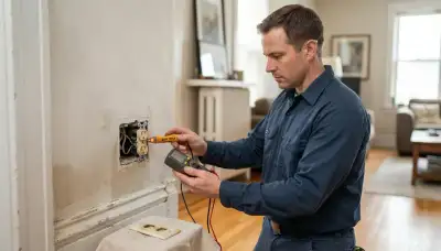 Chicago electrician tests a discolored outlet with a circuit tester to diagnose a wiring fault or failed receptacle