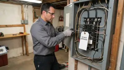 Chicago electrician safely repairs an electrical circuit using a lockout tag and gloved hands