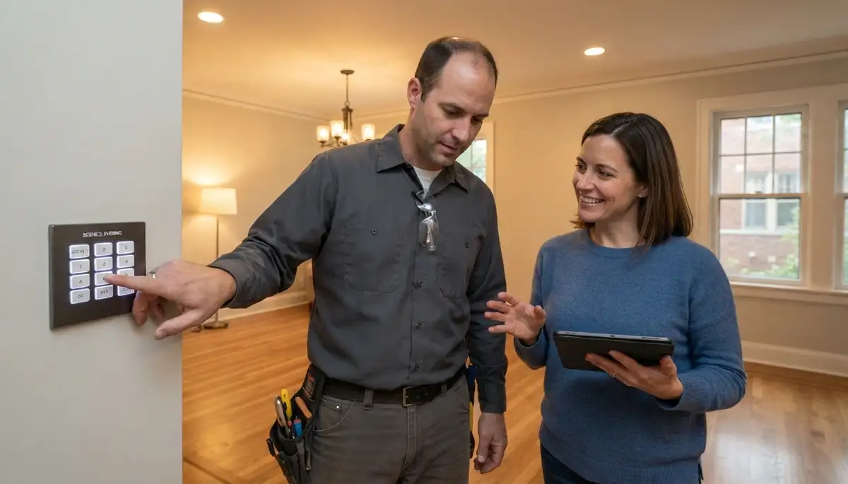 Chicago electrician verifies programmable lighting scenes with homeowner using wall-mounted scene controls