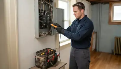 Chicago, IL electrician diagnosing a residential electrical panel with a voltage tester