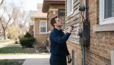 Chicago electrician inspecting a home's service entrance, meter base, weatherhead, mast, and electrical conductors