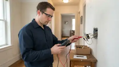 Chicago electrician tests a pulled-out wall switch with a multimeter to diagnose flickering and wiring faults