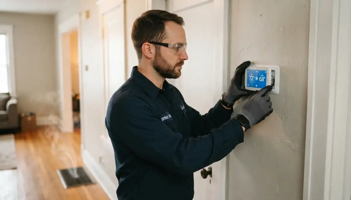 Chicago electrician tests a newly installed thermostat’s heating and cooling cycles in a home.