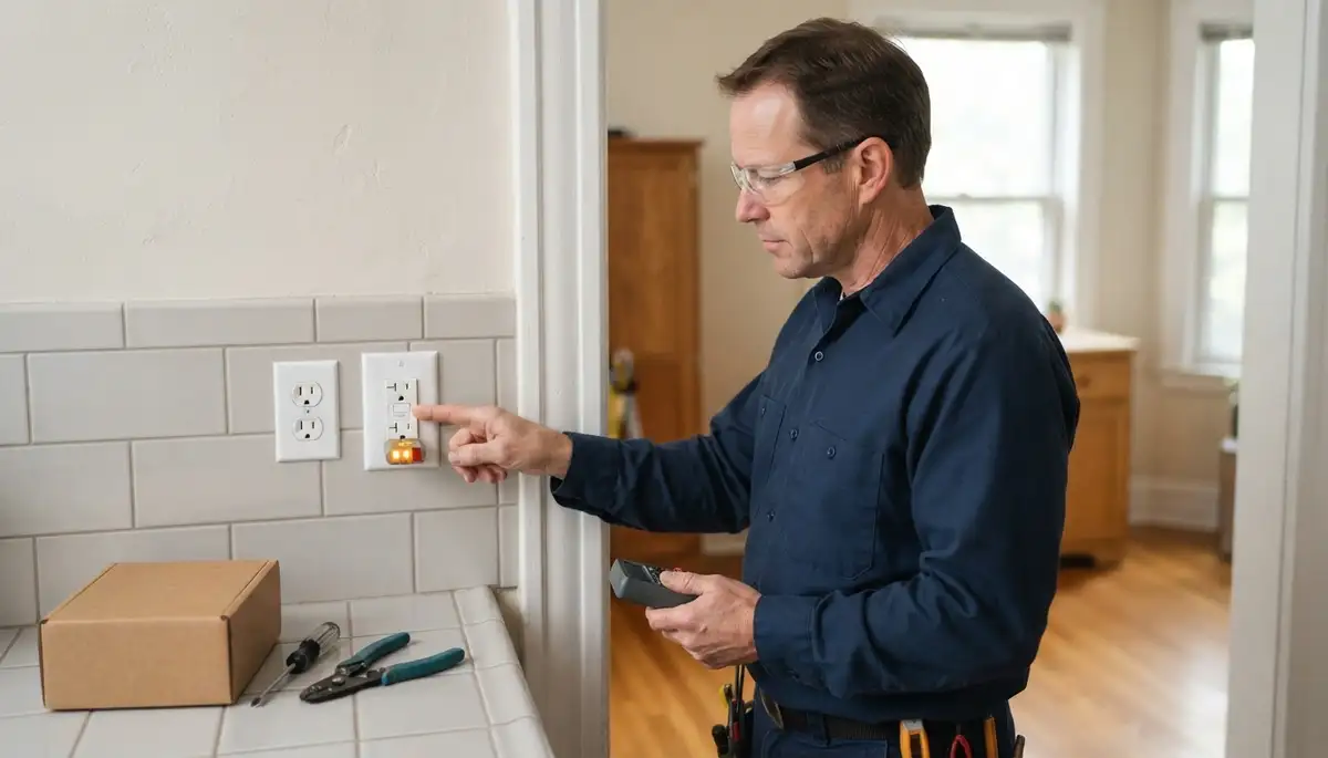 Chicago, IL electrician tests newly installed GFCI outlet with test button and outlet tester