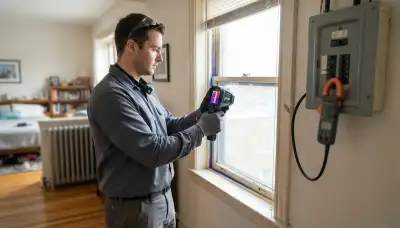 Chicago electrician using thermal camera to scan a window during a home energy audit and electrical load assessment