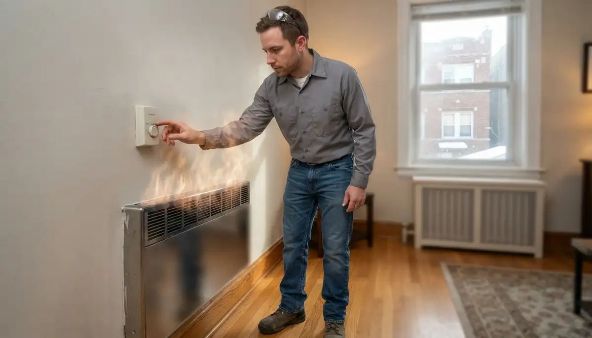 Chicago, IL electrician adjusts an electric heater thermostat to verify heat output and proper cycling