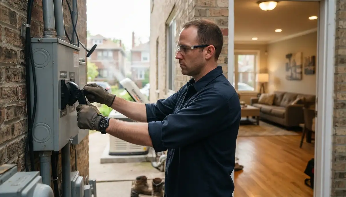 Chicago, IL electrician tests a generator transfer switch while backup power runs essential home circuits.
