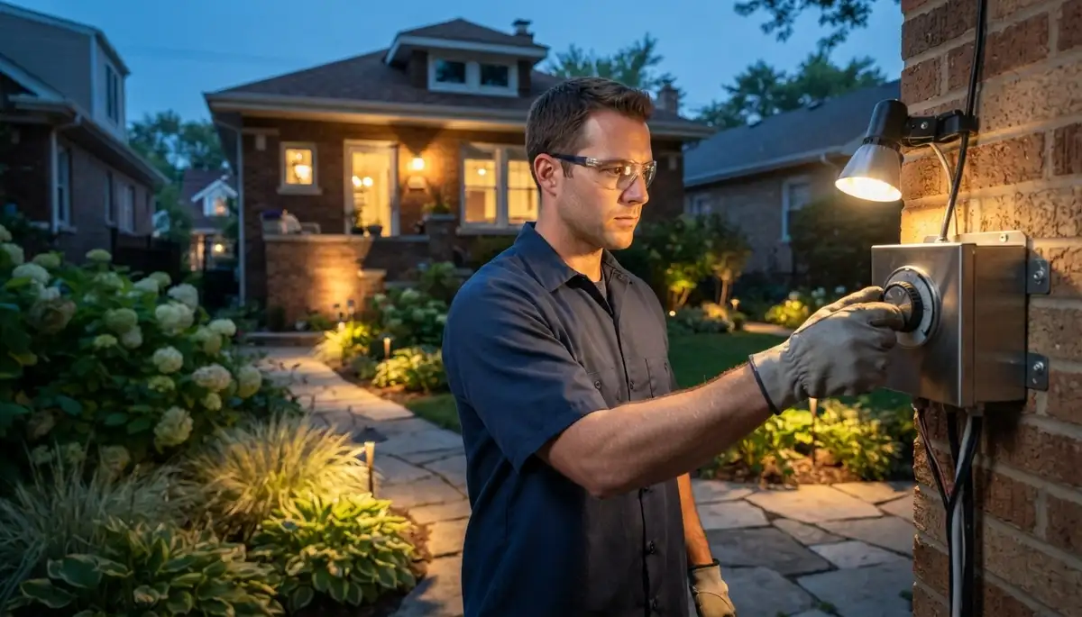 Chicago, IL electrician adjusts a landscape lighting transformer timer during nighttime path-light testing