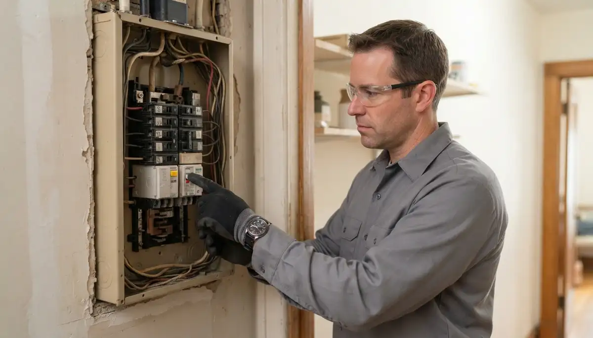 Chicago, IL electrician pressing a GFCI breaker test button to verify ground-fault protection.