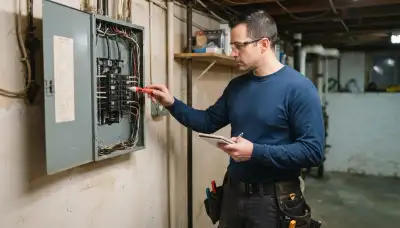 Licensed electrician tests an open electrical panel during a home electrical inspection in Chicago, IL