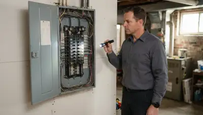 Electrician inspecting a home's electrical panel during a whole-home inspection in Evanston, IL