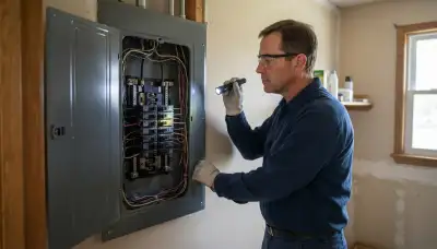 Electrician performing a whole-home electrical inspection in Lincolnwood, IL, checking panels, outlets, and wiring fo...
