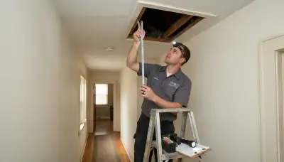 Chicago, IL electrician checks ceiling joist spacing for whole-house fan installation with a tape measure