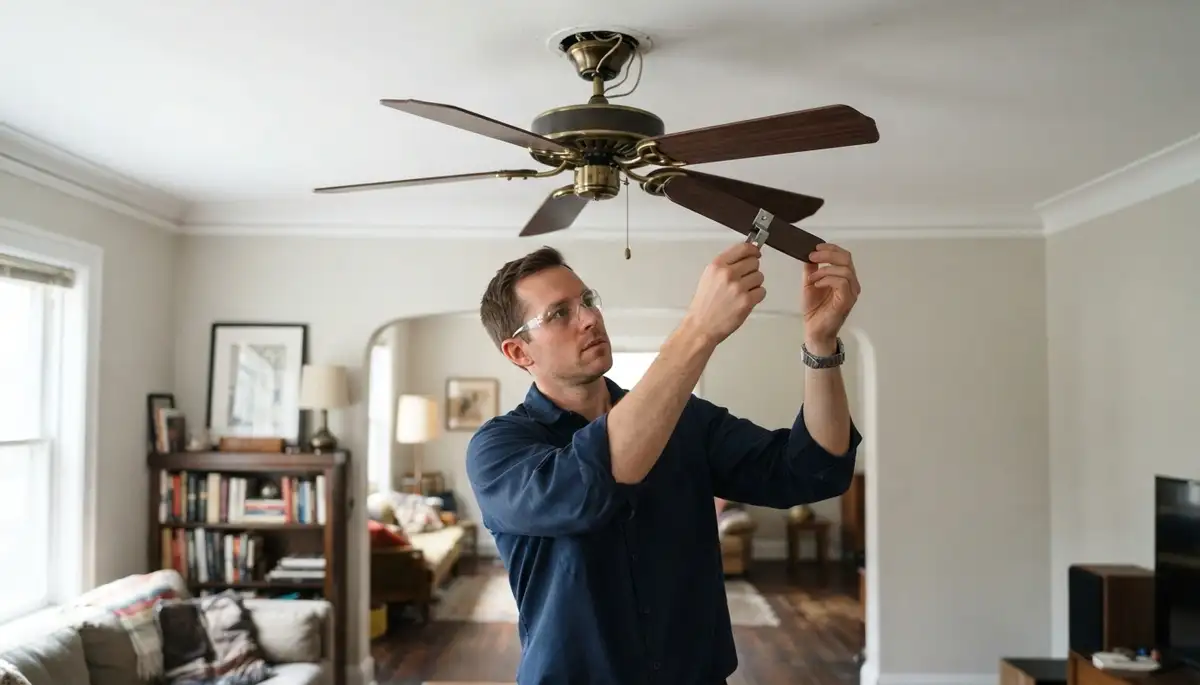 Chicago electrician clips a balancing weight onto a ceiling fan blade during final repair verification