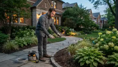 Electrician staking low-voltage landscape light fixtures along a Chicago, IL residential pathway